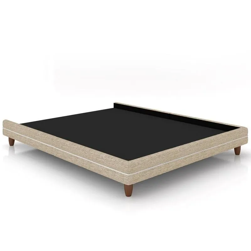 Cama Casal Base Box Pés Madeira 203cm Suném P05 Linho Bege - Lyam Decor