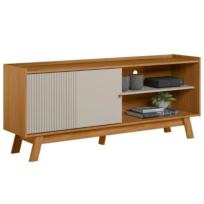 Rack Para Sala De Estar Tv 65 Pol Pés Retrô Suna L05 Nature Off White - Lyam Decor - Lyam Decor