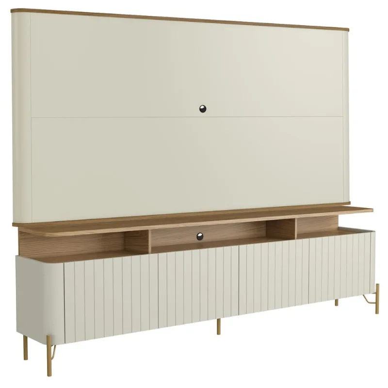 Rack Sala Com Painel Para TV 75 Pol 4 Portas Brise 180cm Pés Dourado Clio I03 Louro Luna - Lyam - Lyam Decor