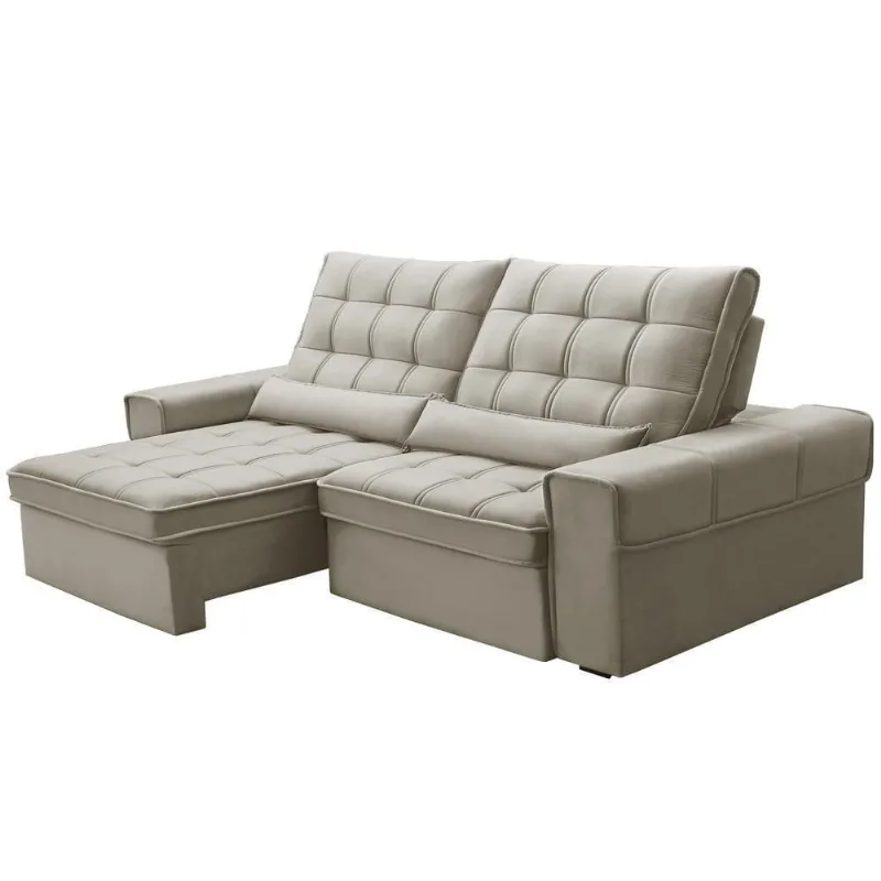Sofá Retrátil Reclinável Para Sala 3 Lugares 250cm Nebrasca F04 Veludo Bege - Lyam Decor