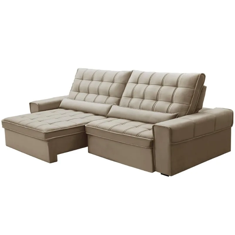 Sofá Retrátil Reclinável Para Sala 4 Lugares 290cm Nebrasca F04 Veludo Bege - Lyam Decor