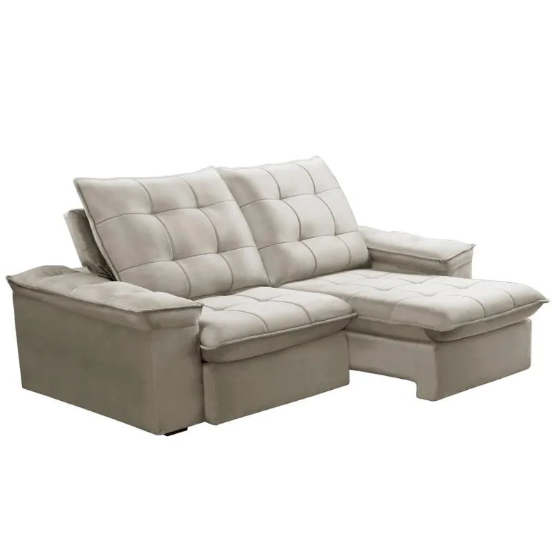 Sofá Retrátil Reclinável Para Sala 3 Lugares 230cm Nijma F04 Veludo Bege - Lyam Decor