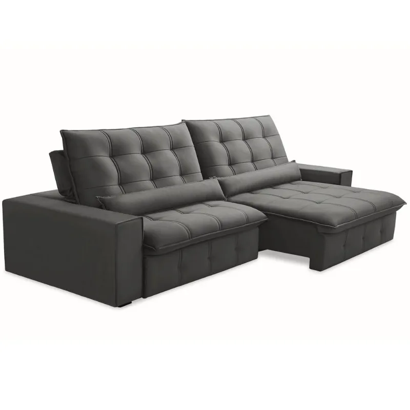Sofá Retrátil Reclinável Para Sala 4 Lugares 290cm Curie F04 Veludo Cinza Escuro - Lyam Decor