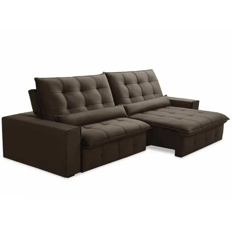Sofá Retrátil Reclinável Para Sala 4 Lugares 290cm Curie F04 Veludo Marrom Escuro - Lyam Decor