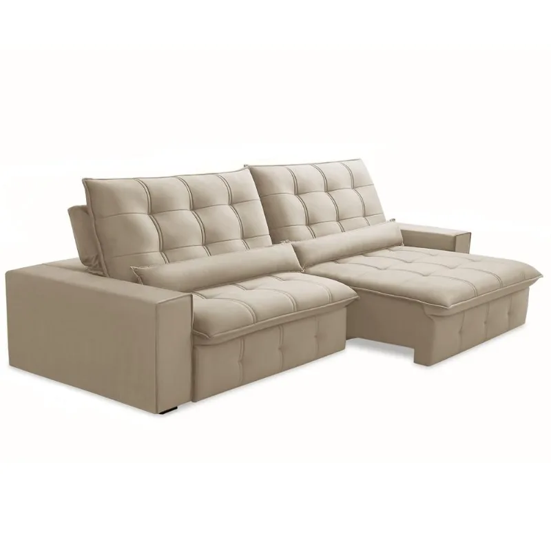 Sofá Retrátil Reclinável Para Sala 4 Lugares 290cm Curie F04 Veludo Bege - Lyam Decor