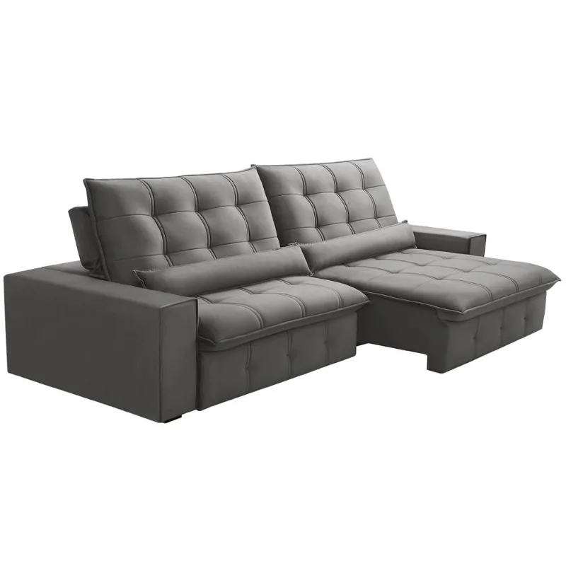 Sofá Retrátil Reclinável Para Sala 4 Lugares 290cm Curie F04 Veludo Cinza Claro - Lyam Decor