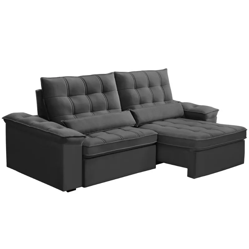 Sofá Retrátil Reclinável Para Sala 3 Lugares 230cm Maresi F04 Veludo Cinza Escuro - Lyam Decor