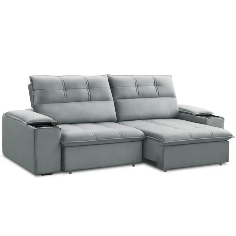 Sofá Retrátil Reclinável Para Sala 3 Lugares 230cm Zayn F04 Veludo Cinza Claro - Lyam Decor