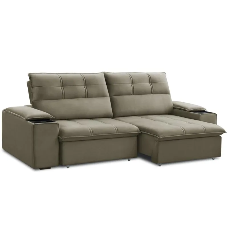 Sofá Retrátil Reclinável Para Sala 3 Lugares 250cm Zayn F04 Veludo Marrom Claro - Lyam Decor