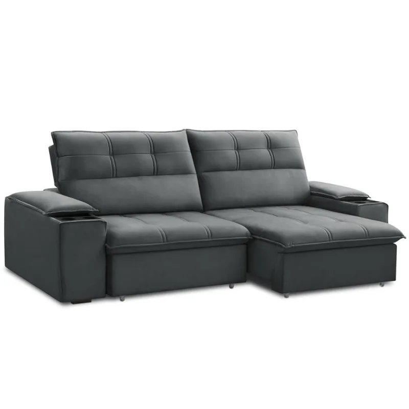 Sofá Retrátil Reclinável Para Sala 3 Lugares 250cm Zayn F04 Veludo Cinza Escuro - Lyam Decor