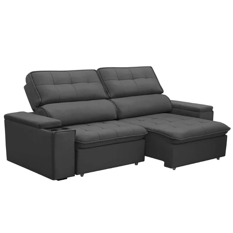 Sofá Retrátil Reclinável Para Sala 3 Lugares 230cm Nour F04 Veludo Cinza Escuro - Lyam Decor