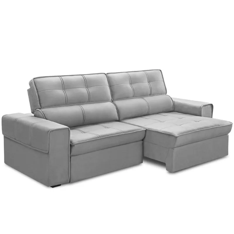 Sofá Retrátil Reclinável Para Sala 3 Lugares 230cm Samir F04 Veludo Cinza Claro - Lyam Decor