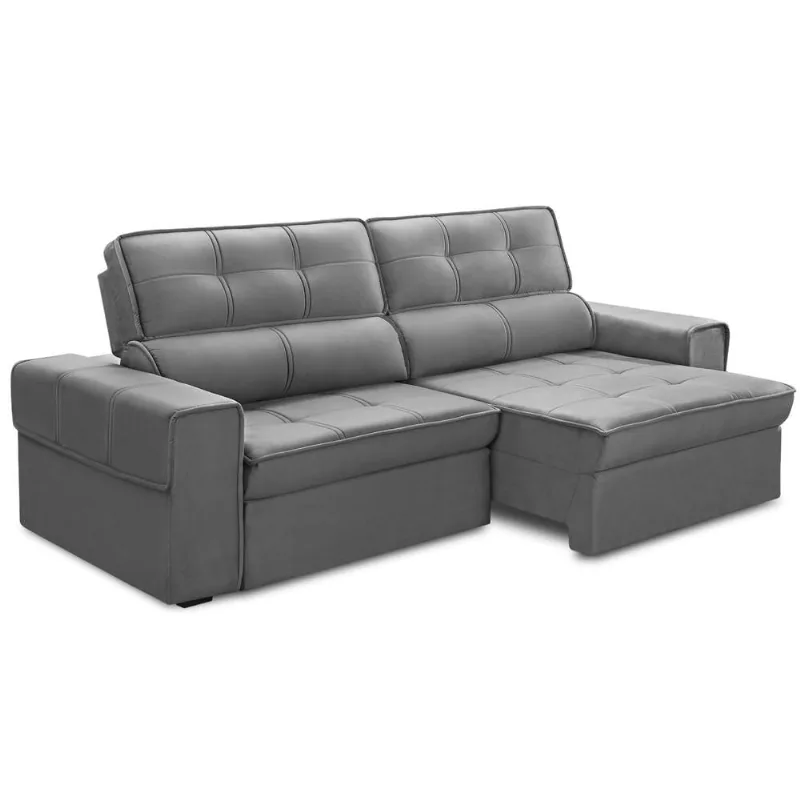 Sofá Retrátil Reclinável Para Sala 3 Lugares 250cm Samir F04 Veludo Cinza Escuro - Lyam Decor