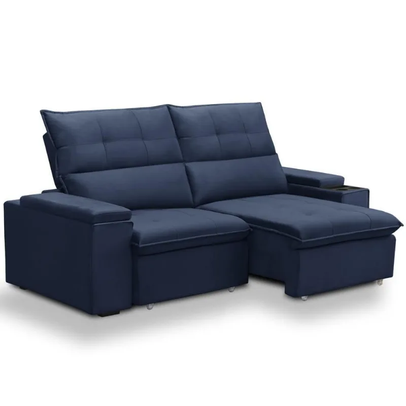 Sofá Retrátil Reclinável Para Sala 3 Lugares 210cm Niels F04 Veludo Azul - Lyam Decor