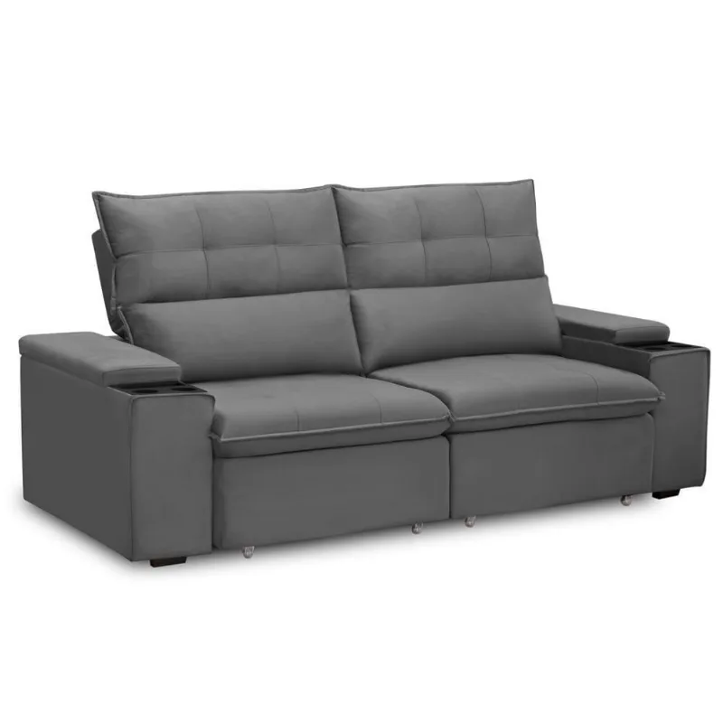 Sofá Retrátil Reclinável Para Sala 3 Lugares 230cm Niels F04 Veludo Cinza Escuro - Lyam Decor