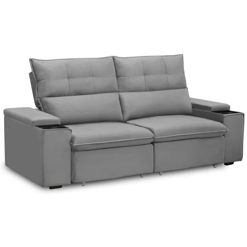 Sofá Retrátil Reclinável Para Sala 3 Lugares 230cm Niels F04 Veludo Cinza Claro - Lyam Decor