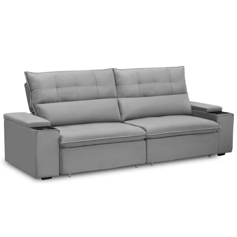 Sofá Retrátil Reclinável Para Sala 3 Lugares 250cm Niels F04 Veludo Cinza Claro - Lyam Decor