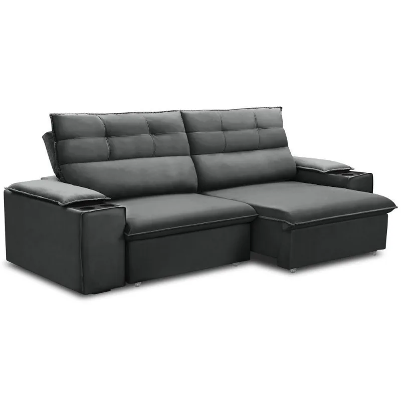 Sofá Retrátil Reclinável Para Sala 3 Lugares 245cm Gordon F04 Veludo Cinza Escuro - Lyam Decor