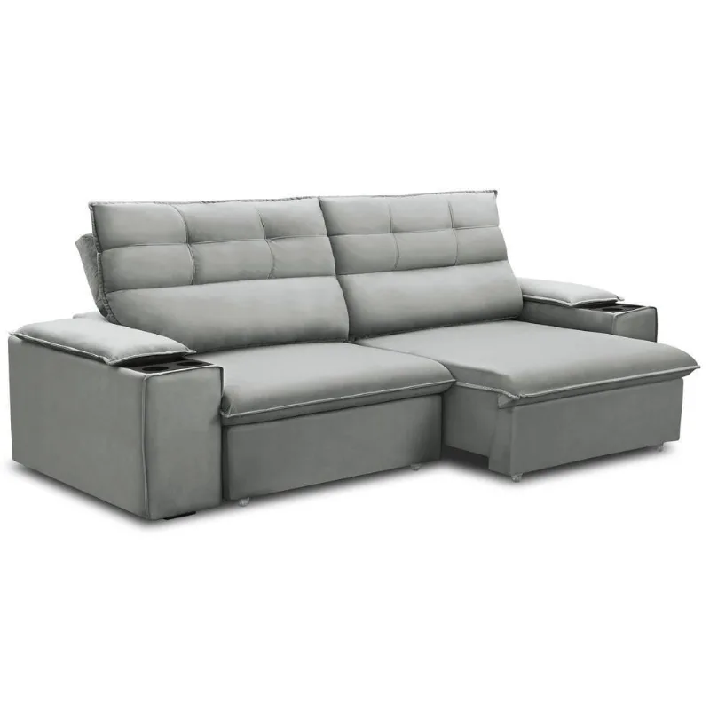Sofá Retrátil Reclinável Para Sala 3 Lugares 245cm Gordon F04 Veludo Cinza Claro - Lyam Decor