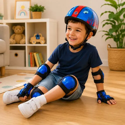 Kit Proteção e capacete Infantil Completo 7 peças - azul e vermelha