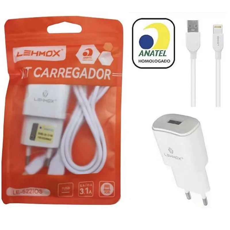Carregador de Celular 3.1A Usb + Cabo V8 Lightning Lehmox - LE-522ios