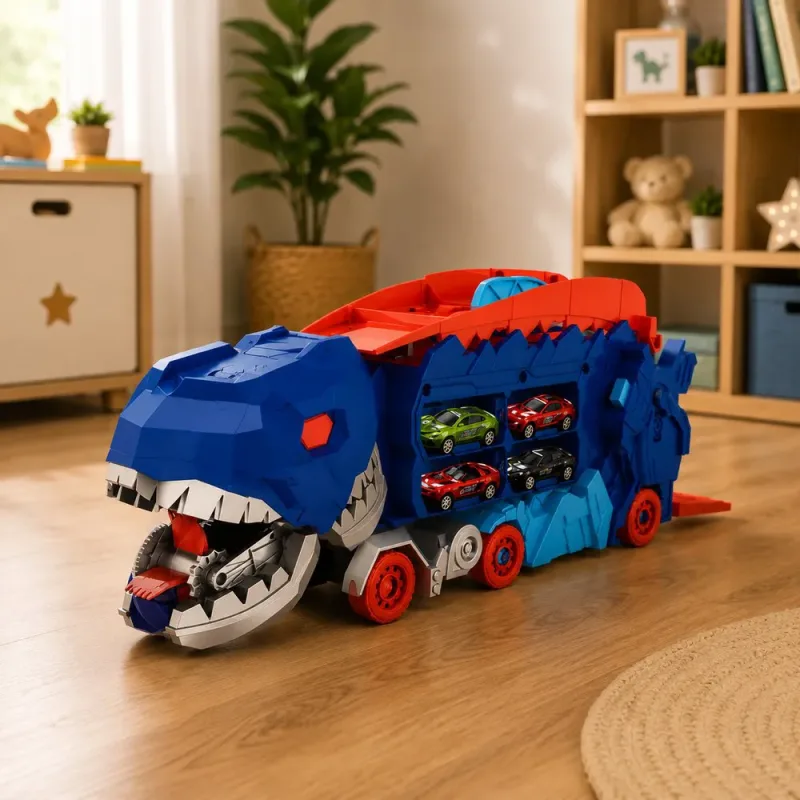Carro Transformável Dinossauro com Pista e 4 Mini Carros de Liga Metálica