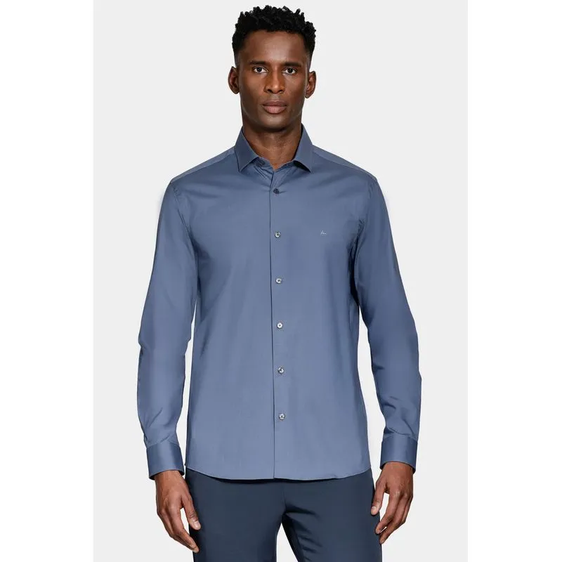 Camisa Manga Longa Slim em Tricoline Stretch Liso Azul Jeans - P