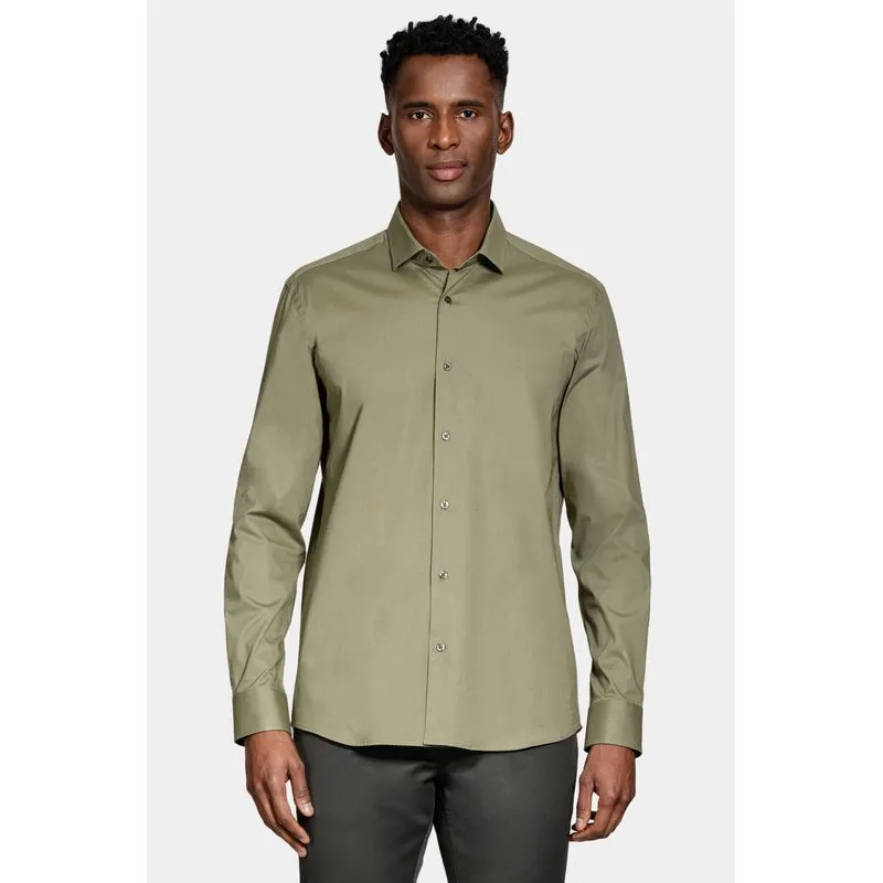 Camisa Manga Longa Slim em Tricoline Stretch Liso Verde Folha - P