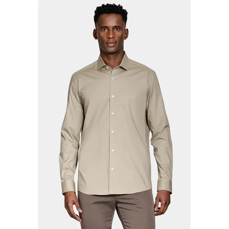 Camisa Manga Longa Slim em Tricoline Stretch Liso Caqui - M
