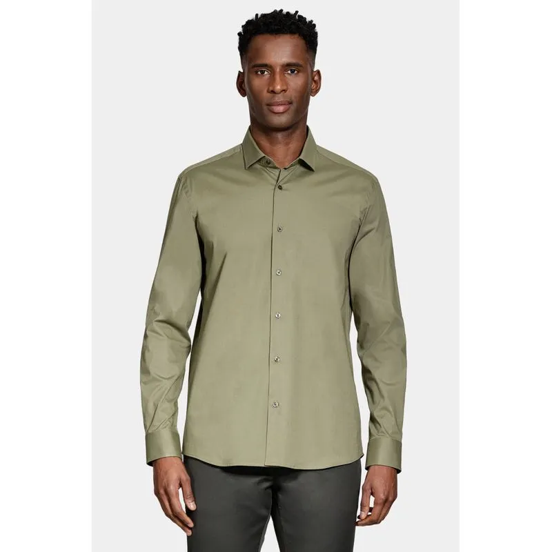 Camisa Manga Longa Slim em Tricoline Stretch Liso Verde Folha - G