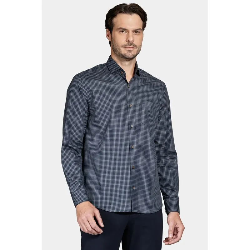 Camisa Manga Longa Regular Xadrez Marinho Com Verde - G