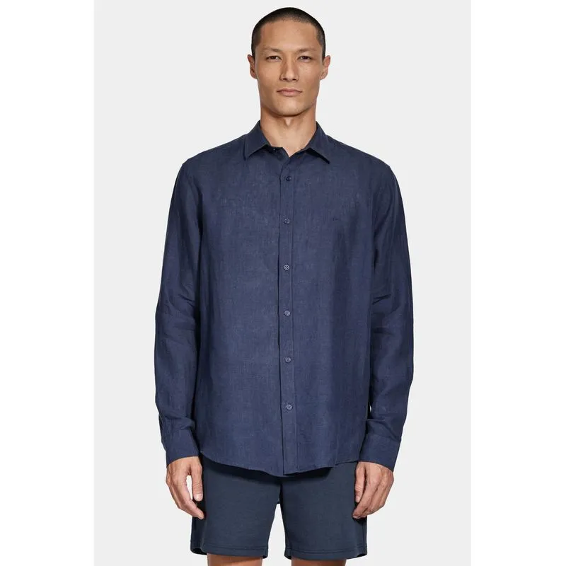 Camisa Manga Longa Slim em Linho Irlandês Marinho Escuro - M