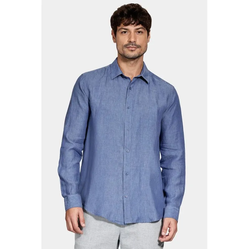 Camisa Manga Longa Slim em Linho Irlandês Azul Jeans - G