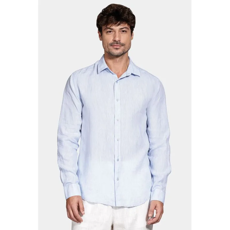 Camisa Manga Longa Slim em Linho Irlandês Azul Classico - GG
