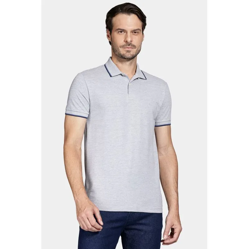 Polo Manga Curta Básica 4 Frisos Cinza Mescla Com Navy - G