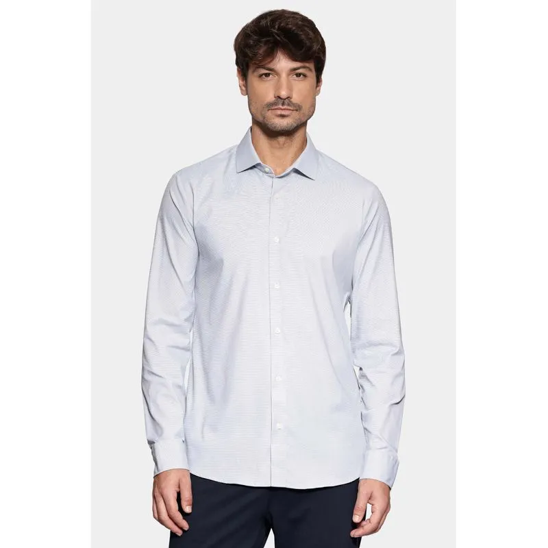 Camisa Slim Tech Flex Falso Liso Azul Com Branco - P