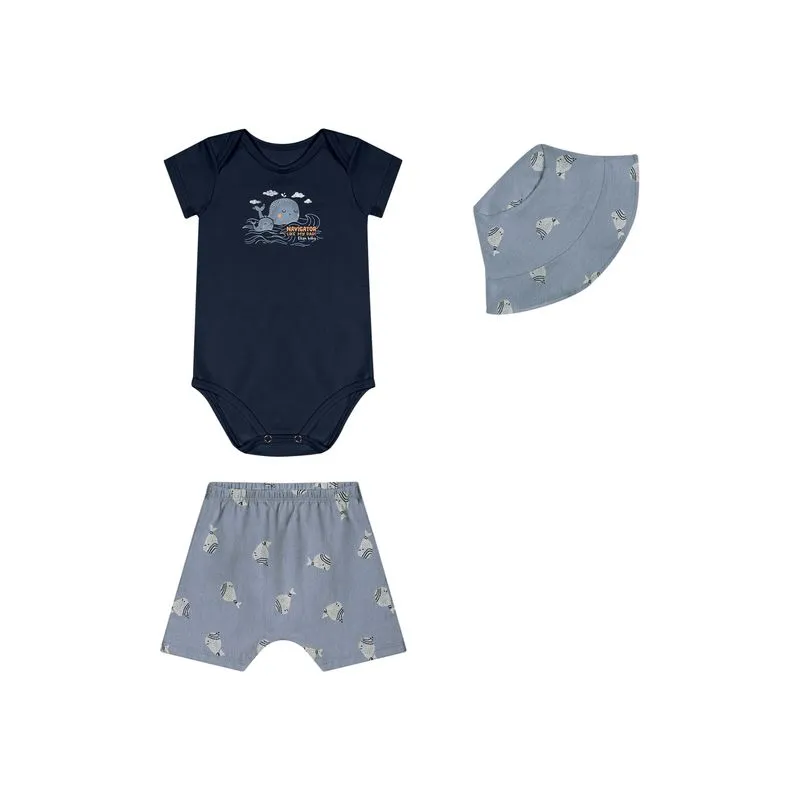 Kit Bebê Menino Estampado Com Chapéu Elian Azul P