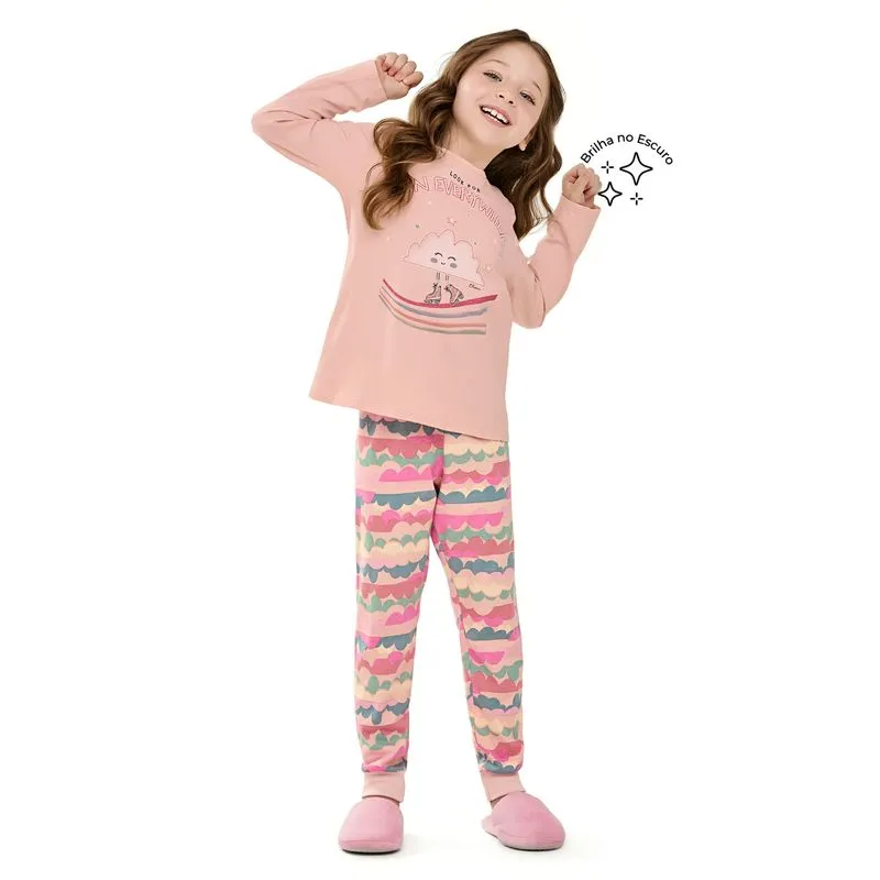 Pijama Infantil Menina Longo Nuvens Brilha no Escuro Elian Rosa 12
