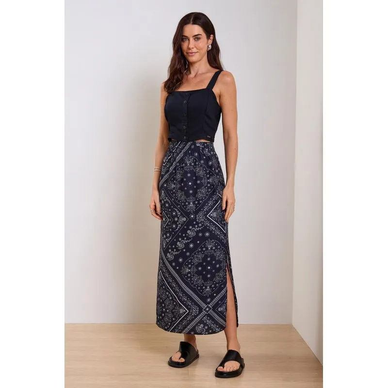 Saia Feminina Midi Padronagem Floral Marialícia Preto P