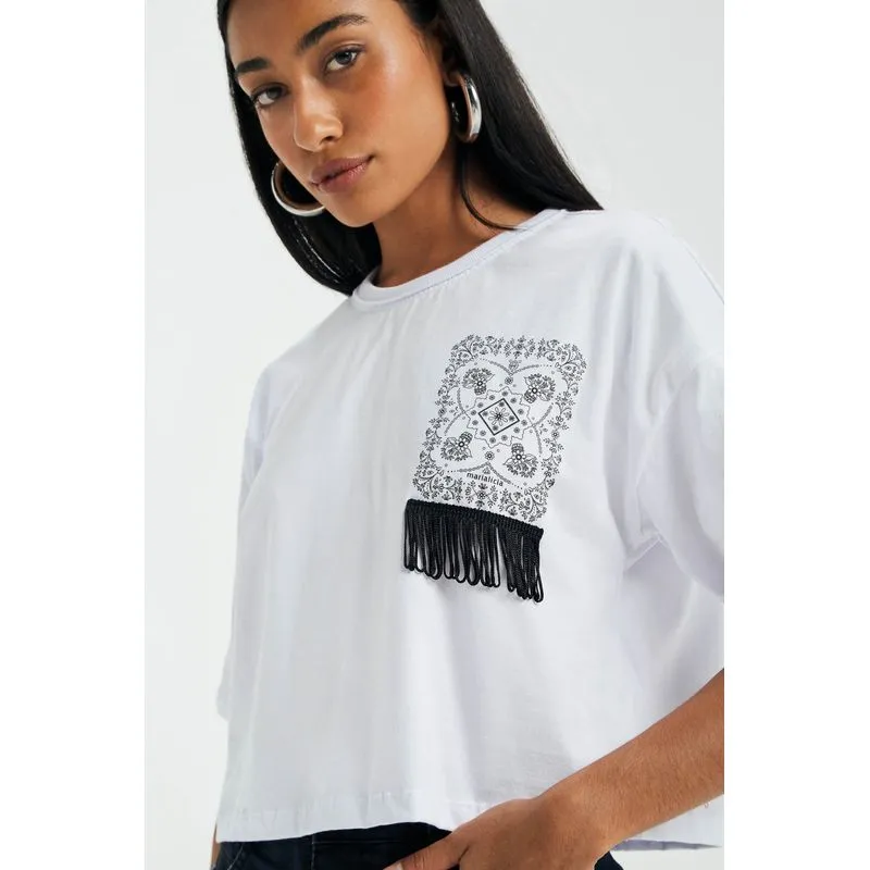 Blusa Feminina Estampa Com Franja Marialícia Branco P