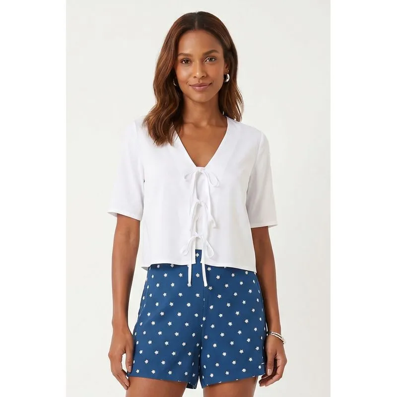 Short Feminino Linho Bordado Estrelas Marialícia Azul M