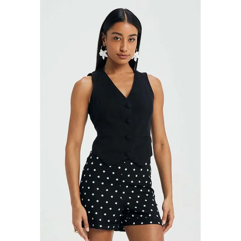 Short Feminino Linho Bordado Estrelas Marialícia Preto M