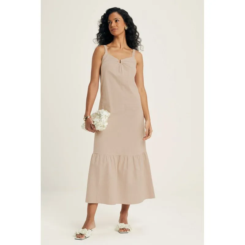 Vestido Feminino Midi Fio Tinto Marialícia Bege G