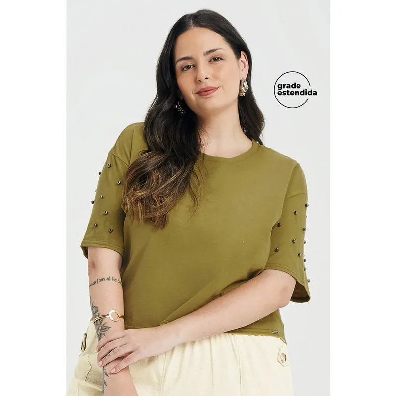 Blusa Feminina Aplicações de Pérolas Marialícia Verde G1