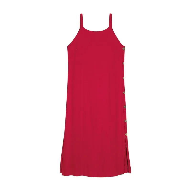 Vestido Feminino Linho Detalhe Botões Marialícia Vermelho GG