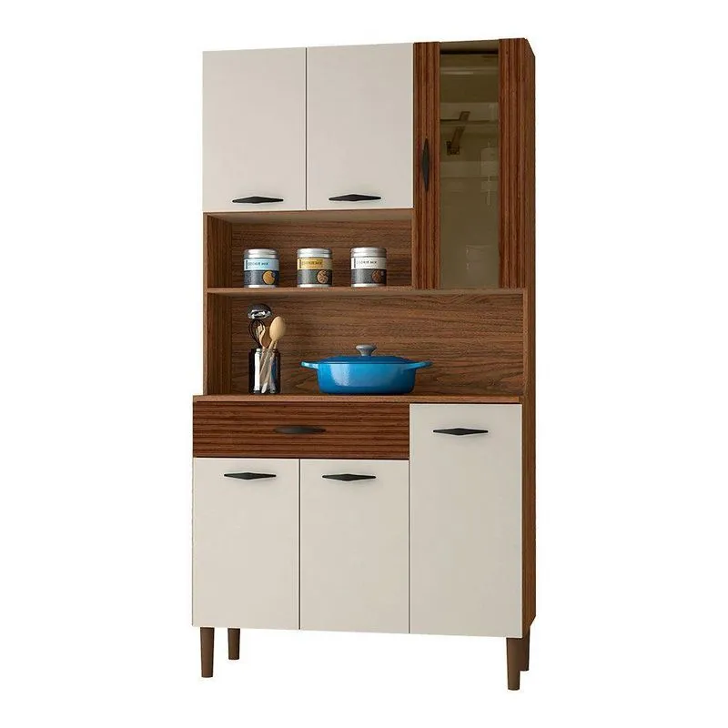 Armário De Cozinha Compacta 6 Portas E 1 Gaveta 90 Cm Gold Ripado Nogueira-off White - Pallazio