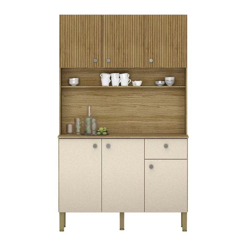 Armário De Cozinha Compacta 6 Portas E 1 Gaveta 111cm Veneza Ripado Freijó-vanilla - Pallazio