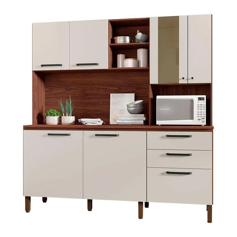 Armário De Cozinha Compacta 6 Portas E 3 Gavetas 182 Cm Megan Nogueira-off White - Pallazio
