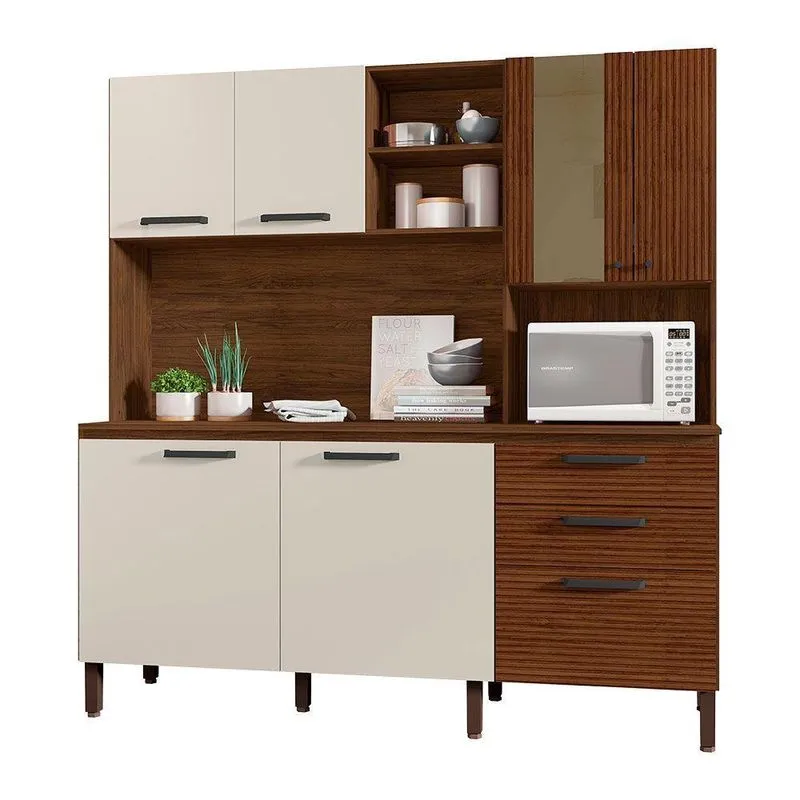 Armário De Cozinha Compacta 6 Portas E 3 Gavetas 182 Cm Megan Ripado Nogueira-off White - Pallazio