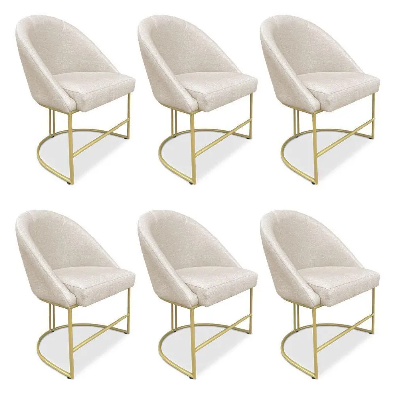 Kit 06 Cadeiras Poltrona De Jantar Bela Linho Bege Base Metálica Industrial Dourado - Pallazio